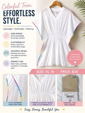 Thereabouts White XL Rayon V‑Neck Shirt with Rainbow Pom‑Pom Trim – Effortless S